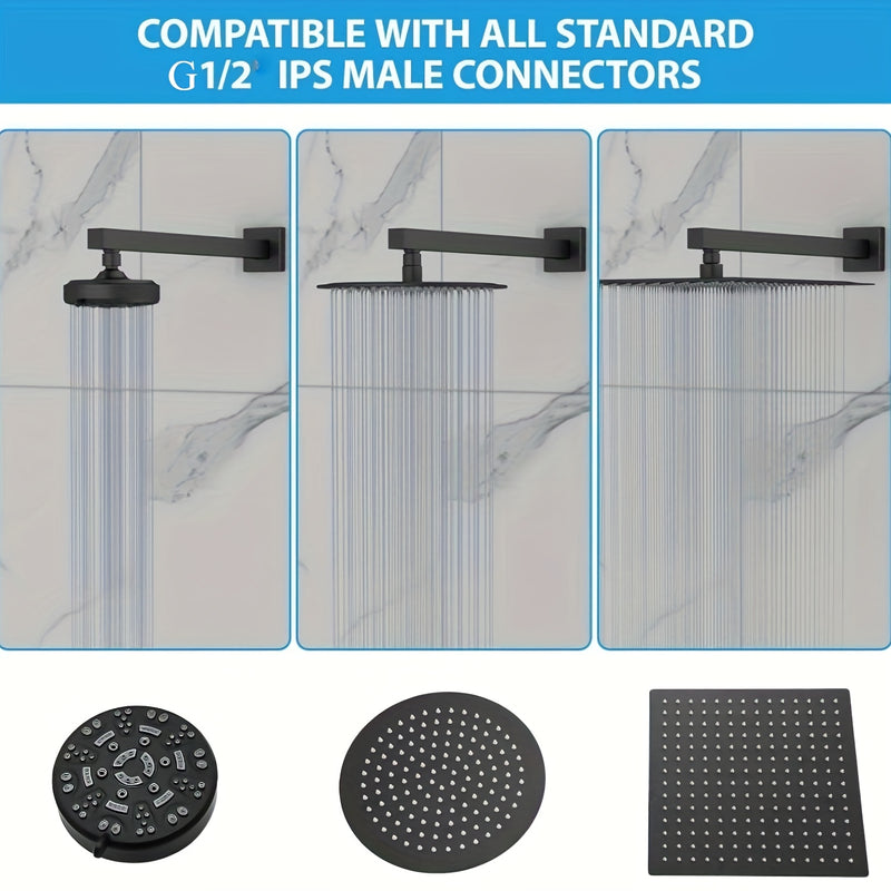 Negro Mate 40.64cm Mango de Ducha de Acero Inoxidable con Flange Azul - Montado en la Pared, Experiencia de Ducha de Lluvia de Ahorro de Espacio, Diseño Recto a Cuadrado para Baños Modernos, Accesorios de Baño | Acabado Negro Brillante | Construcción Dur