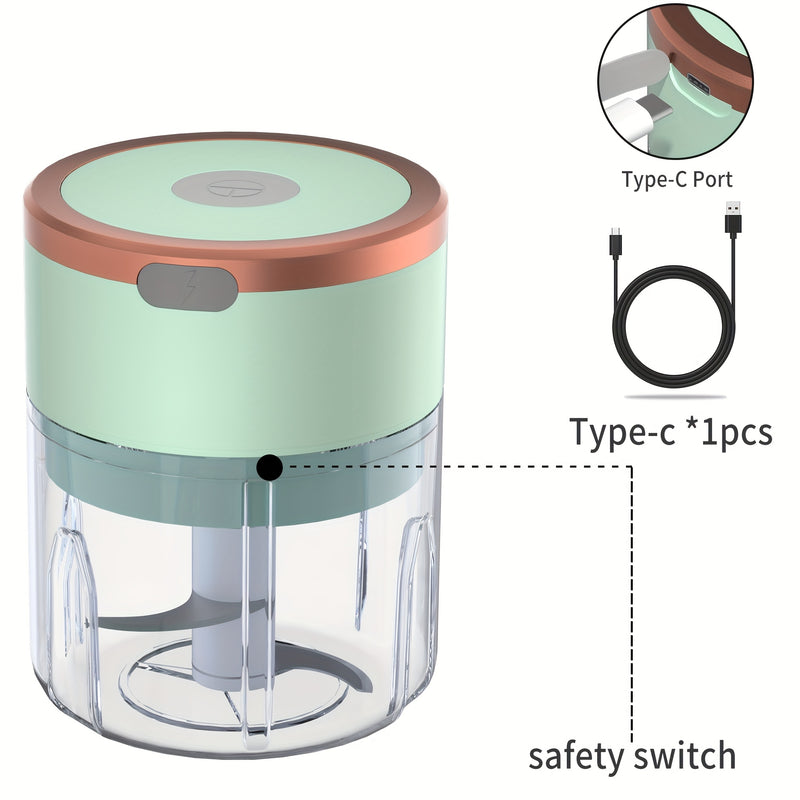 FLZH Procesador de Alimentos Eléctrico Mini Compacto de 8.45oz y Picadora de Carne con 3 Cuchillas de Acero Inoxidable, Recargable por USB, 1200 RPM - Diseño Verde Claro y Naranja, Ideal para Verduras, Frutas y Carnes, FLZH