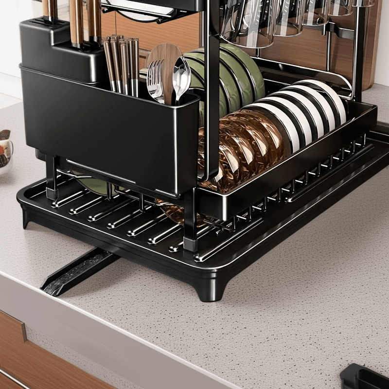 Escurridor de metal antioxido con diseño de doble capa + portavasos + organizador de utensilios + ranura para tabla de cortar — esencial ahorrador de espacio para cocinas pequeñas, estilo moderno en blanco y , adecuado para todas las estaciones
