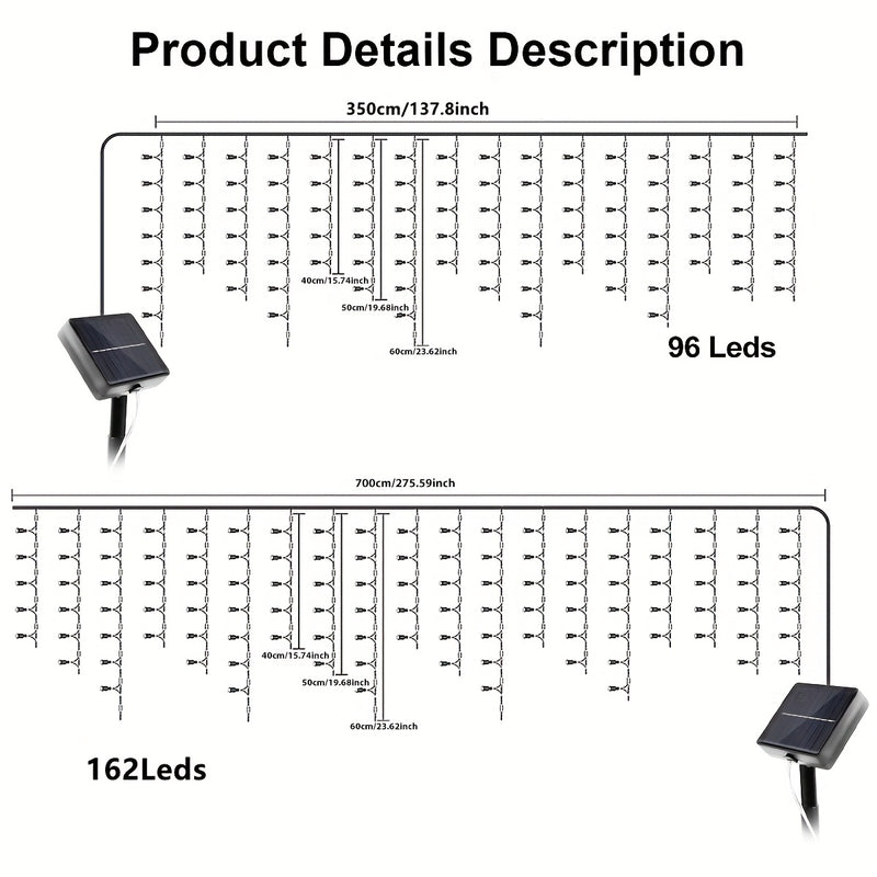 1-Pack Luces LED de Caramelo Solar - 29.5ft/7m, 162 LEDs con 8 Modos, Perfectas para Navidad, Halloween y Decoración de Bodas - Ideal para Balcón, Carpa, Jardín, Villa y Exteriores - Cortina Luminosa Solar de 18.03ft/5.5m con 96 LEDs