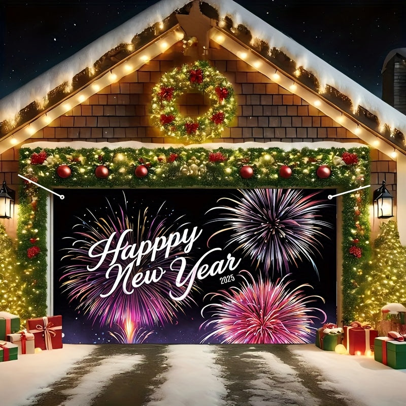 1pc de poliéster tejido de Año Nuevo pancarta de puerta de garaje, 400.0x180.01cm, diseño clásico de fuegos artificiales de dibujos animados, decoración para interior/exterior para Navidad, Halloween, Pascua, Acción de Gracias, Día de San Valentín - No s
