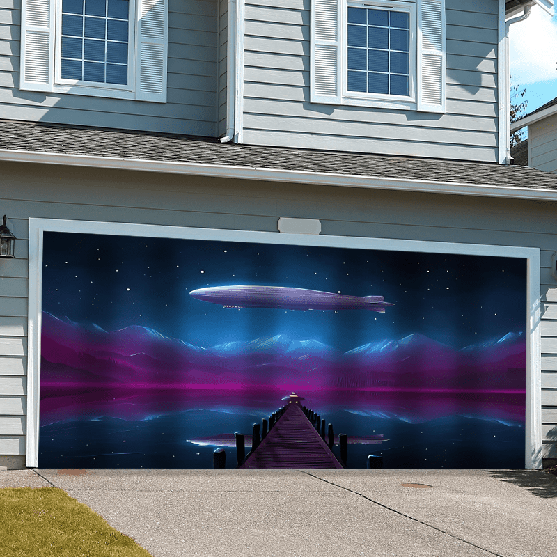 1pc Banderola de Puerta de Garaje con Reflejo del Lago y Montaña en Aeronave Fantástica - Paisaje Nocturno Vibrante con Estrellas, Poliéster Resistente al Clima, Sin Necesidad de Electricidad para Decoración Navideña, Halloween, Fiestas y Jardín, Tema Ac