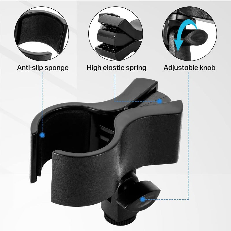 Clip de micrófono NEWKS - Soporte de micrófono ajustable y duradero de ABS para micrófonos de diámetro 32mm-60mm, con adaptador masculino de 5/8" a femenino de 3/8", ideal para grabación y transmisión, podcasting y uso profesional.