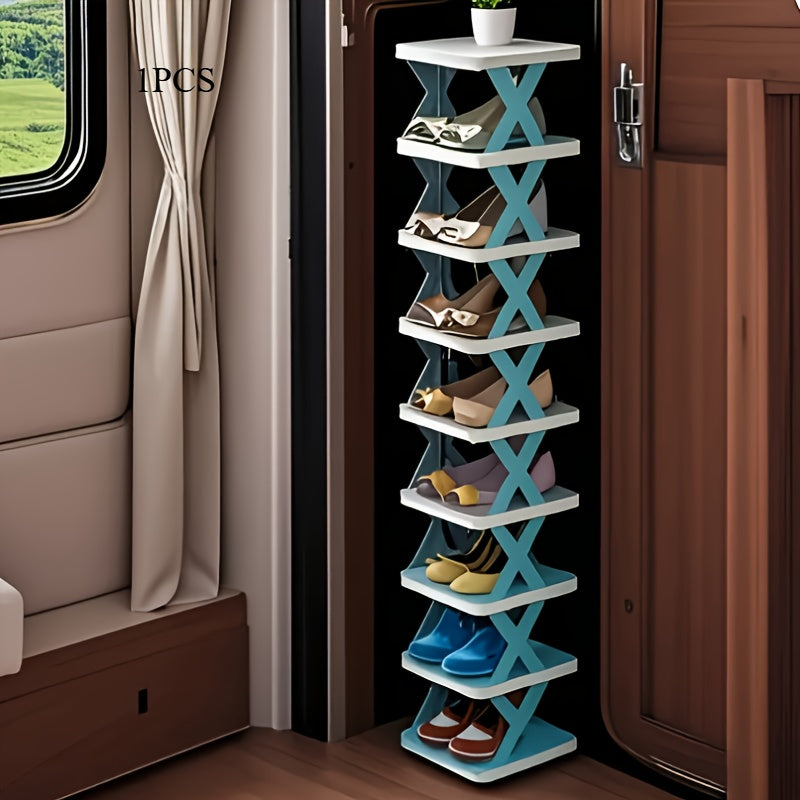 1 estante plegable para zapatos que ahorra espacio con diseño de doble fila para autocaravanas, baños y dormitorios - Plástico de PVC azul duradero, caja de almacenamiento compacta y portátil, organizador de almacenamiento de zapatos