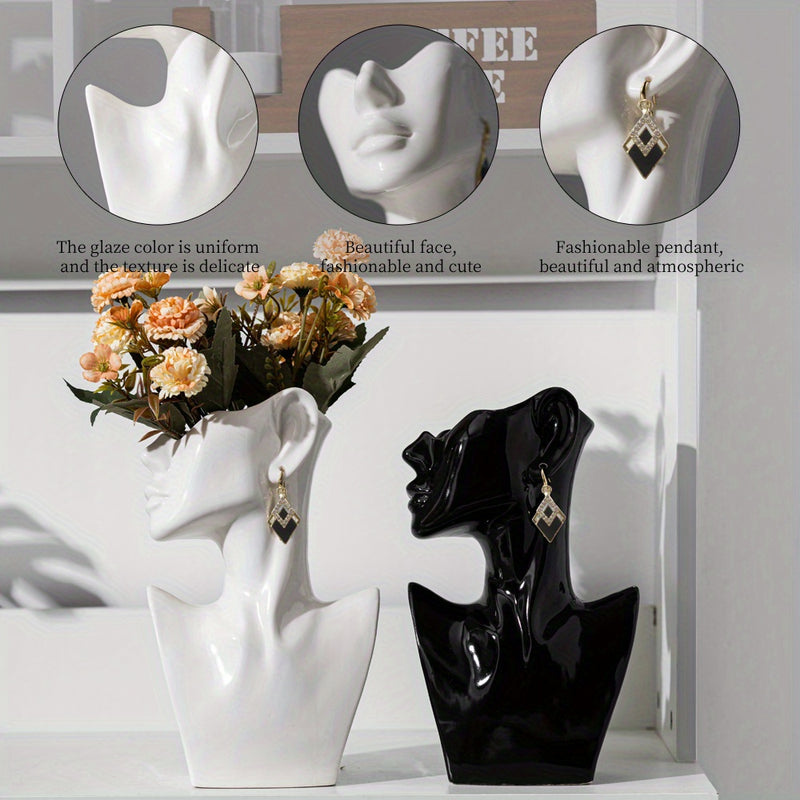 Jarrón Cerámico Nórdico de Forma Facial Bohemia - Soporte Decorativo para Flores con Rayas Geométricas para Sala de Estar, Adornos Primavera y Verano, Pieza de Arte en Cerámica de Alta Calidad, Jarrones para Decoración del Hogar