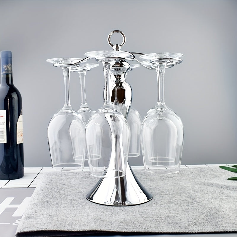 1pc Soporte Colgante para 4 Botellas de Vino en Metal Pulido - Diseño Artístico Ahorrador de Espacio para Cocina, Bar o Comedor - Estante Decorativo Multiusos con Acabado Metálico Brillante y Vidrio Transparente, Construcción Duradera