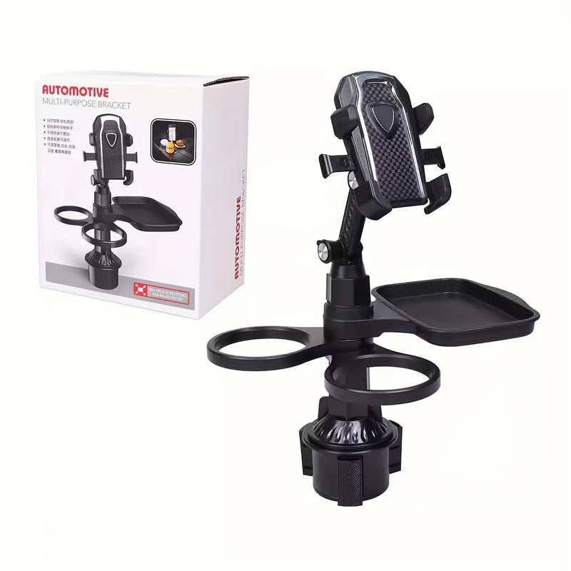 Bandeja Giratoria 360° para Consola de Auto - Soporte para Teléfono y Navegación con Porta Hamburguesas/Comida, Organizador de Tazas de Café - Bandeja Multiusos de Plástico Duradero para Viajes Seguros, Mesa de Coche Resistente