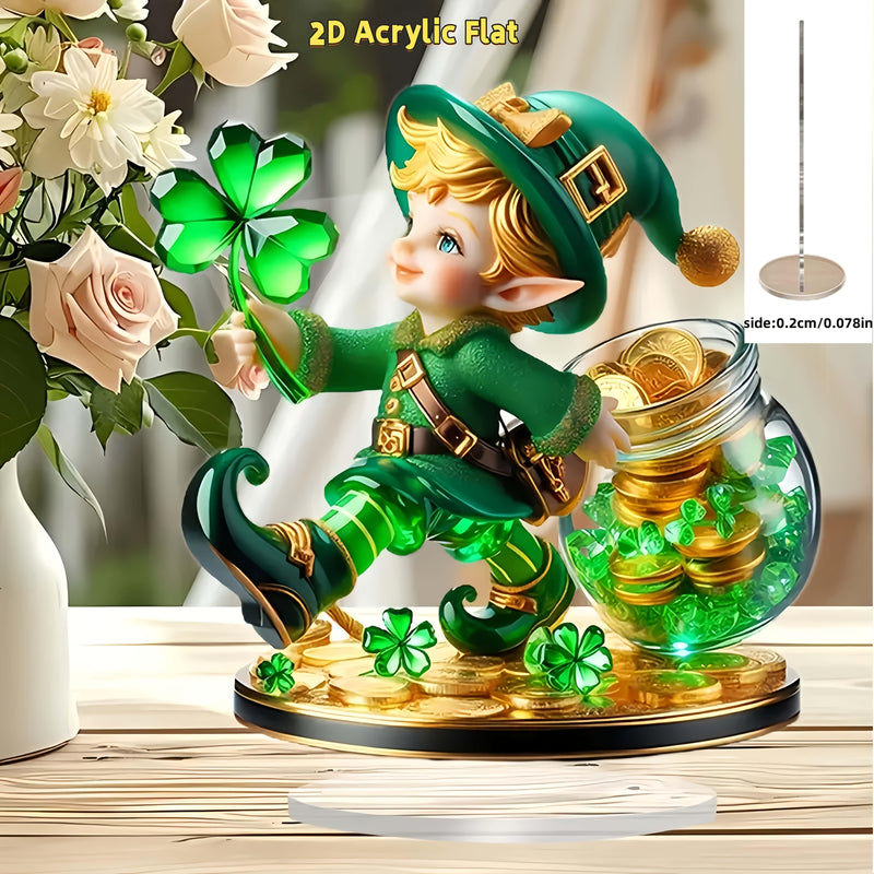 Decoración de Escritorio 2D Acrílico Cristal Leprechaun con Trébol, Decoración Multiusos para el Hogar sin Baterías, Ideal para Regalos del Día de San Patricio y Adornos Festivos, 2D Plano