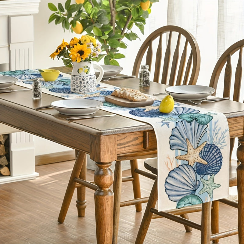 1 pieza de cubre mesa de lino con diseño de conchas marinas y estrellas de mar, 100% lino tejido, decoración rectangular para mesa, hogar, fiestas con temática de primavera, verano y océano