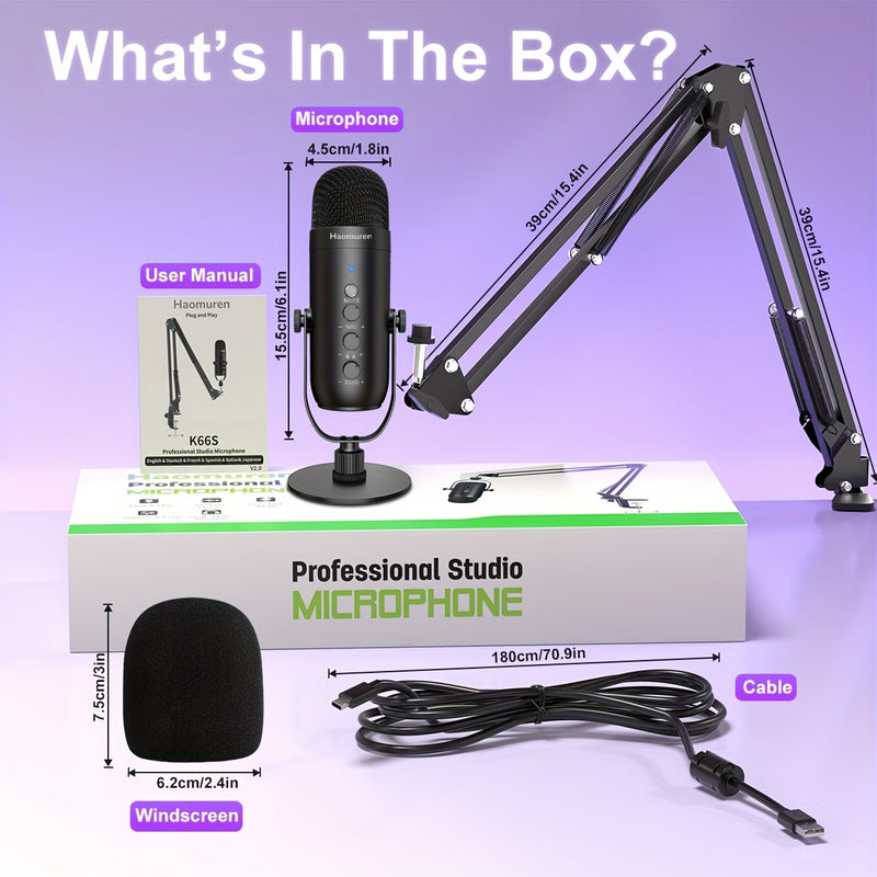 Kit de Micrófono Profesional de la Marca Haomuren, Soporte de Escritorio y Boom con Filtro Anti-pop, Compatibilidad USB Plug-and-Play para Varios Dispositivos · Silencio con Un Botón · Monitoreo en Tiempo Real · Efecto de Reverberación · Adecuado para Gr