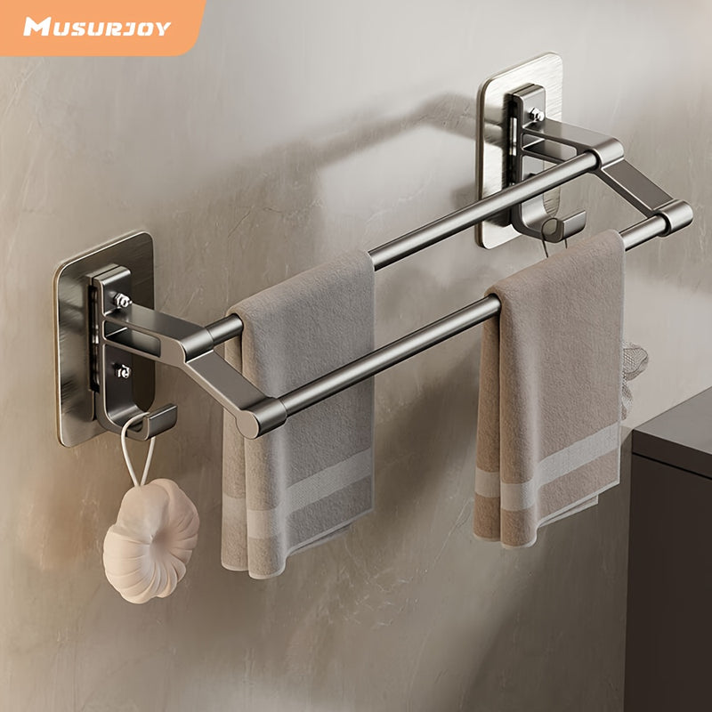 Musurjoy 1pc Barra de toalla doble, espacio de aluminio soporte de toalla de baño, soporte de toalla montado en la pared, organizador de almacenamiento, accesorios de baño, regalo perfecto para el Día de San Valentín/Pascua