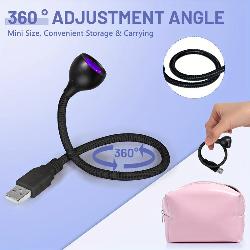 Elmlogiroa Lámpara LED de 3W para Uñas - Luz Curadora de Esmalte en Gel Portátil con Cuello Flexible Ajustable a 360°, Secador de Manicura Sin Olor para Salón y Hogar DIY, Diseño Compacto y Ligero para Viaje, Recargable, Posicionamiento Versátil, Cable R