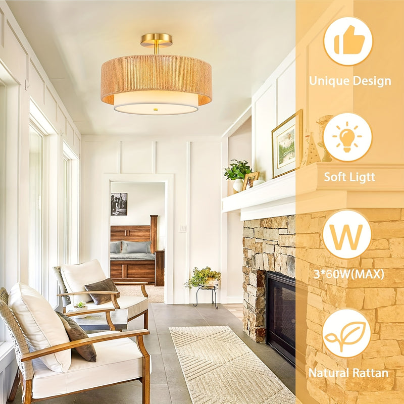 1 pieza de luz de techo integrada de rafia, 3 luces tejidas bohemias, montaje flush, iluminación de granja, moderna, hierro fundido y madera, para sala de estar, cocina, dormitorio, entrada - No incluye bombilla, cerca de la luz de techo