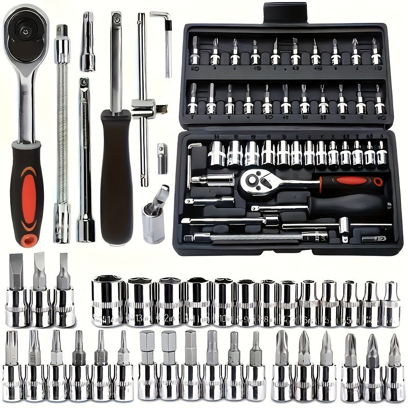 Juego de herramientas de 46 piezas de acero cromo vanadio, kit de llaves multifuncionales templadas, alto torque, portátil para mantenimiento de autos, bicicletas y motocicletas