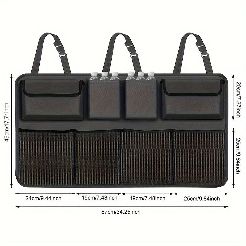 1 Organizador de Maletero y Asiento de Coche Duradero en Poliéster - Bolsa Plegable con 8 Bolsillos y Correas Ajustables, Ideal para Herramientas, Botellas y Accesorios, Perfecto para Almacenamiento en el Vehículo