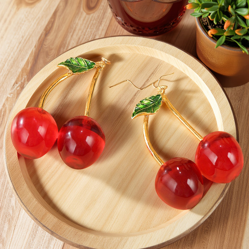 Par de Figuras de Cerezas de Cristal - Cerezos Rojos con Hojas Verdes y Tallos Dorados, Decoración para Interiores/Exteriores, Centro de Mesa Elegante sin Necesidad de Electricidad, Ideal para Sala, Oficina o Cafetería