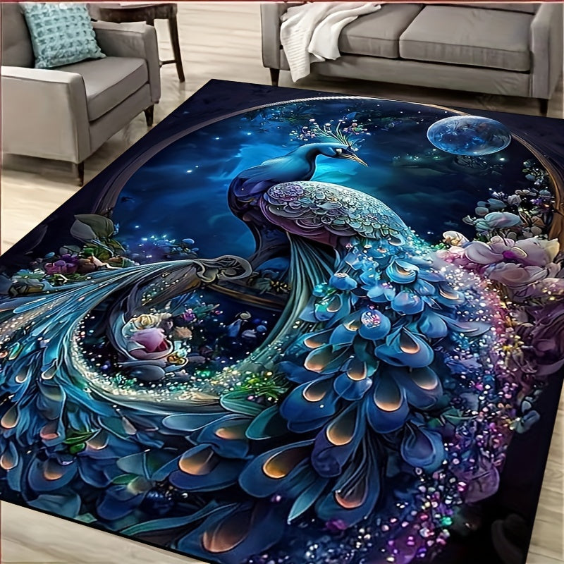 1pc Alfombra de Área con Patrón de Pavo Real, Alfombra de Fibra de Poliéster Antideslizante para Sala de Juegos, Adecuada para Jugadores de Videojuegos - Lavable a Máquina, Alfombra para Suelo de Sofá y Mesa de Café - Perfecta para Dormitorios, Habitacio