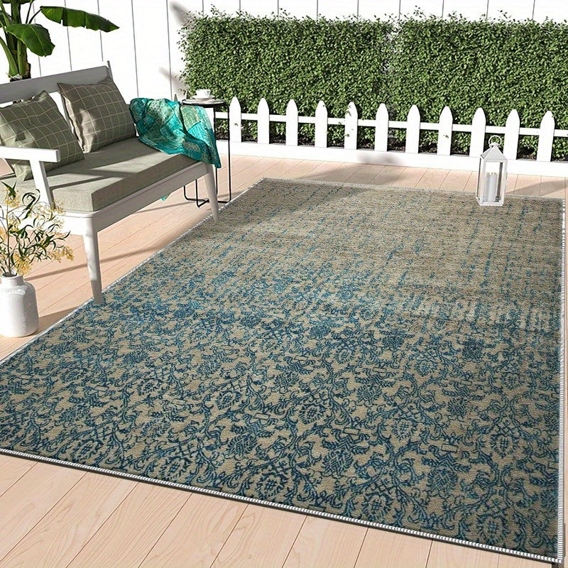 1 pieza de alfombrilla de área al aire libre estilo bohemio - Ligera, antideslizante, fácil de limpiar, alfombrilla de poliéster con patrones intrincados azules y beige para verano y otoño - Perfecta para campistas, muelles, balcones, patios, jardines tr