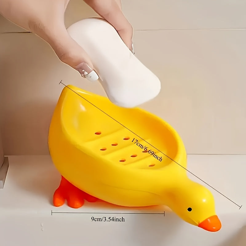 Juego de 1 portajabón con forma de pato y sistema de drenaje automático, bandeja ovalada, blanco con detalles amarillos, accesorio multifuncional para baño, mantiene el jabón seco y limpio, soporte para jabón en barra