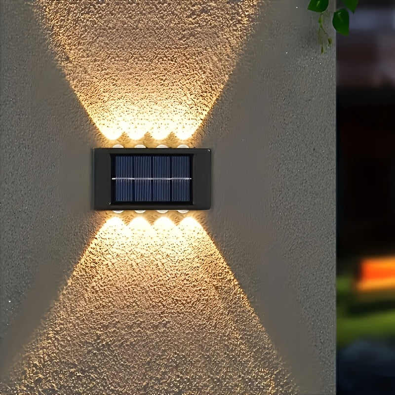 2 pzas. luces solares para pared con 8 LED, decoración exterior con luz cálida amarilla, ideal para hogar, jardín, cerca, patio, montaje semiempotrado, batería de níquel, carga solar, luz para pared de jardín, luz moderna para pared, plástico duradero