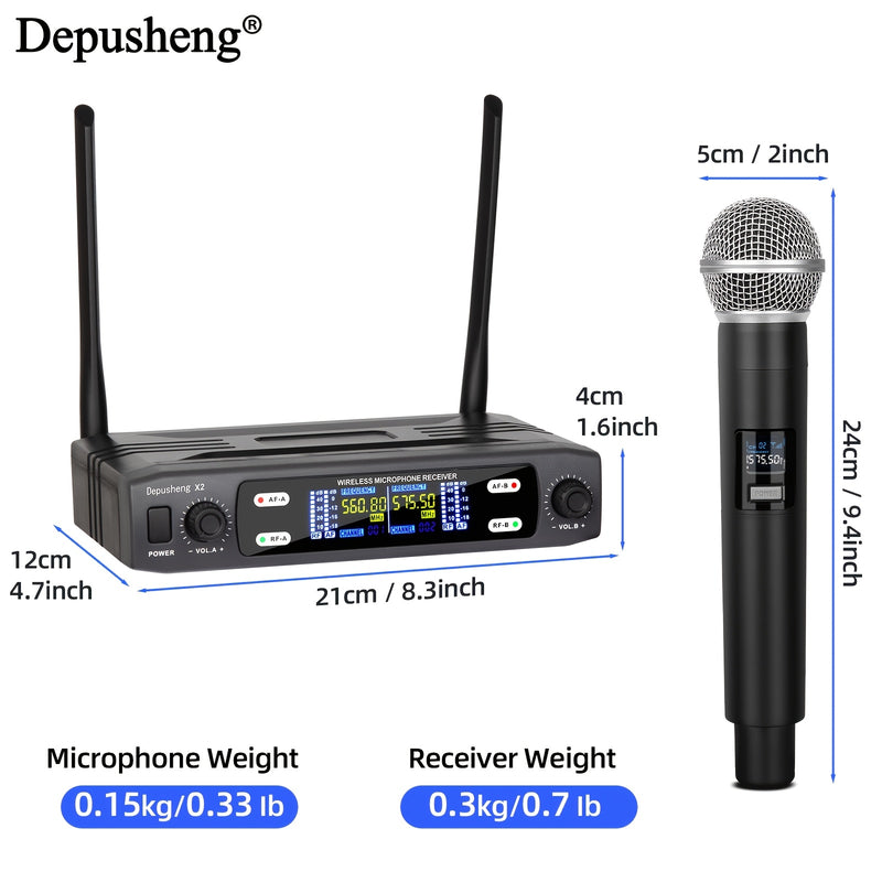 DEPUSHENG micrófono sin varillas profesional de dos canales portátil y manual, receptor sin varillas para KTV, familia, reuniones, canciones en vivo y actuaciones
