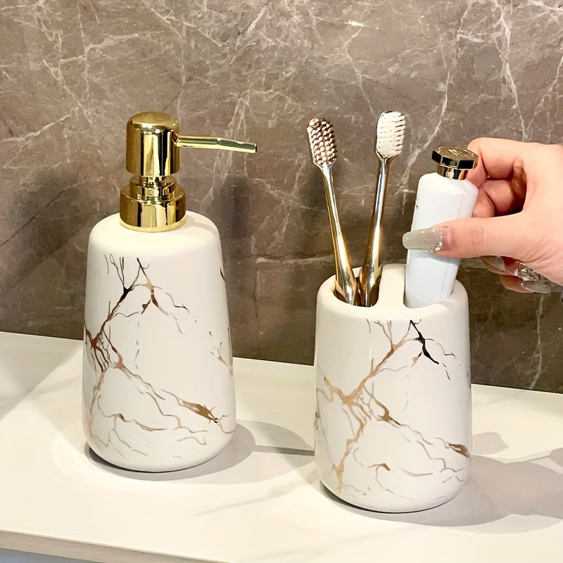 Juego de 4 piezas de cerámica con diseño de mármol para baño, incluye vaso para cepillo de dientes, dispensador de jabón líquido, ideal para hogar, alquiler o hotel
