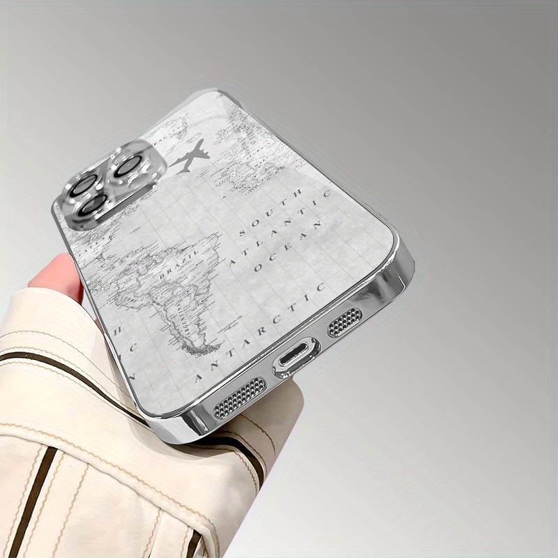 Fundas de Teléfono TPU Electroplateadas con Patrón Creativo de Vuelo en Mapa Gris y Protección para Lente para iPhone 16/16Pro/16ProMax/16Plus/16e, 15/15Plus/15Pro/15ProMax, 14/14Plus/14Pro/14ProMax, 13/13Pro/13ProMax, 12/12Pro/12ProMax, 11/11Pro/11ProMa