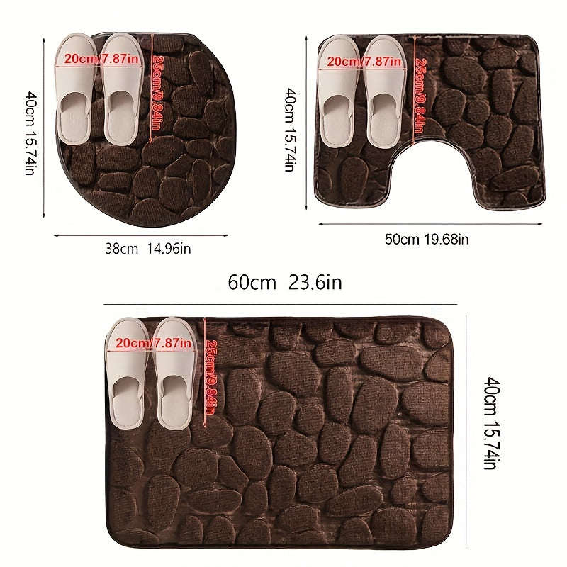 3 piezas Conjunto de alfombras de baño de patrón geométrico, Antideslizante, Tejido de punto, Hecho a máquina Alfombras de baño de poliéster, Esponja suave absorbente, Kit de alfombra de baño cómodo con alfombrilla de inodoro, solo para lavado a mano
