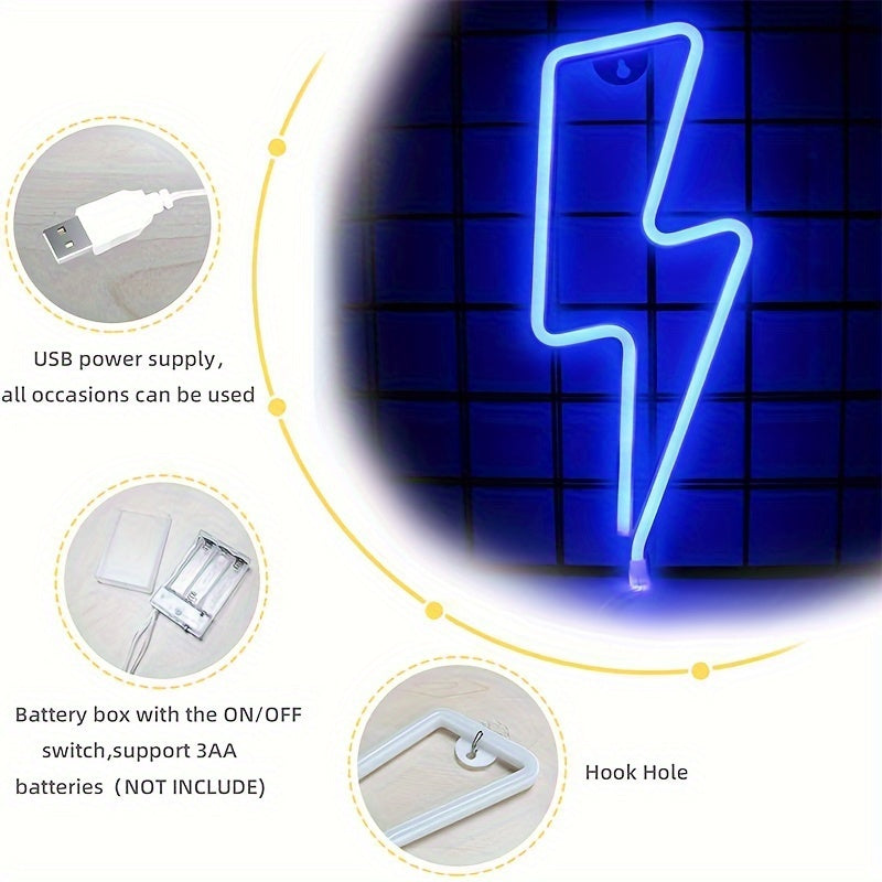 1pc Luz de neón relámpago, luz decorativa LED de doble alimentación por USB o batería, material plástico para colgar en la pared con control de interruptor, adecuada para salas de juegos, bares, fiestas, regalo de cumpleaños