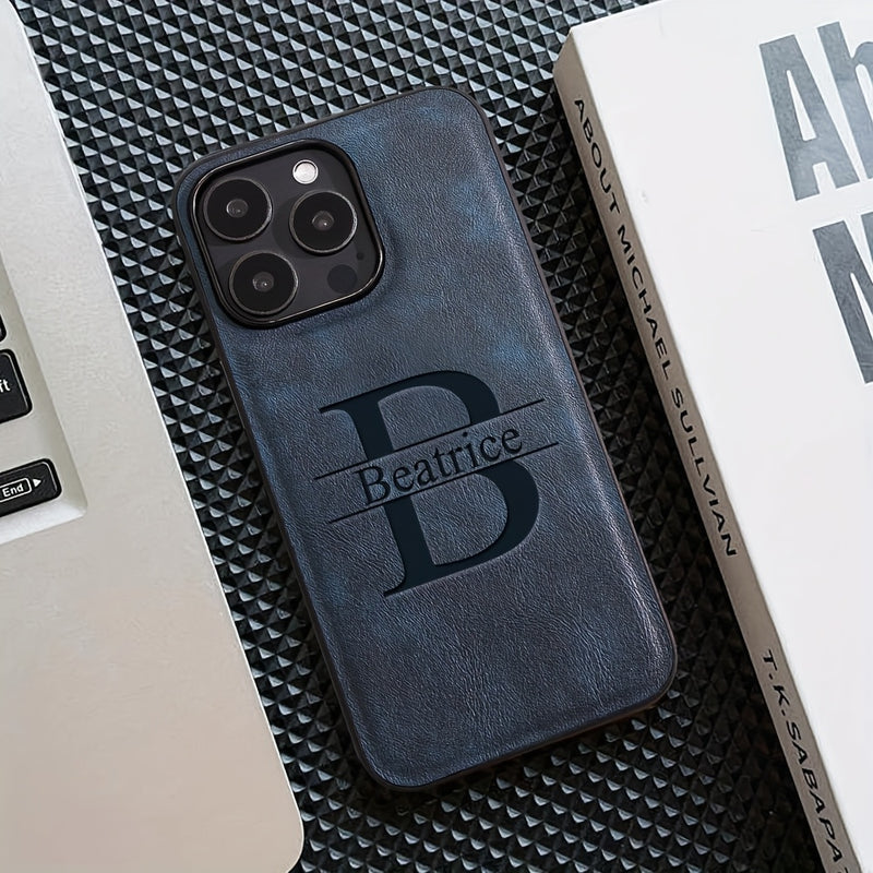 Estuche personalizado de lujo para negocios para modelos de iPhone 11 a 16 Pro Max, con iniciales personalizadas y grabado láser en una funda de piel sintética resistente a los golpes.