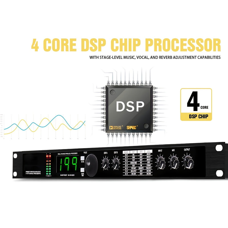 Procesador de audio XGeS con procesamiento de señal de 24 bits - Reverb digital profesional, ecualizador, efectos de micrófono, DSP programable con fuente de alimentación de 110-130V, carcasa de aleación negra, enchufe estadounidense | Procesamiento de s