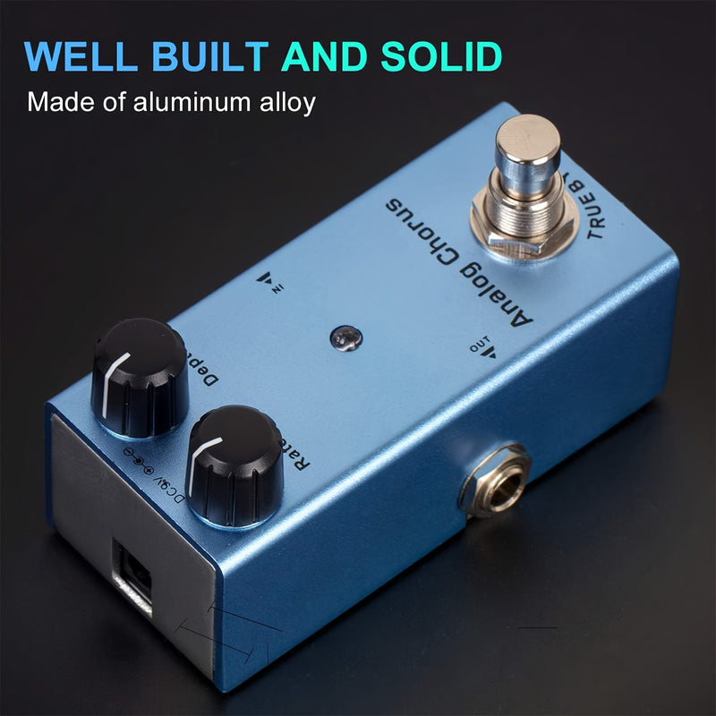 Efecto de coro de guitarra analógico, pedal de aluminio, conmutación de verdadero bypass, alimentado por USB, DC 9V, con cable de aumento de 5V a 9V USB, control de botón, azul claro para guitarra