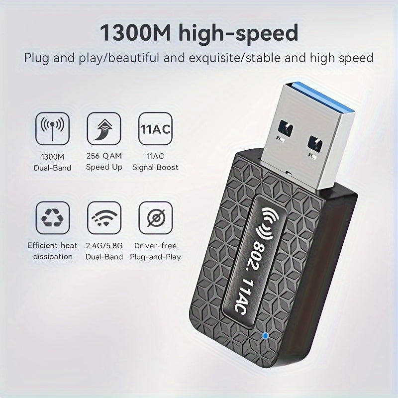 Adaptador WiFi Router para escritorio con 1300Mbps, doble banda 2.4GHz y 5.8GHz, antena de alta ganancia, modo USB, compatible con Windows 7/8/8.1/10/11, batería de botón no recargable, no incluye batería, router para hogar y oficina.