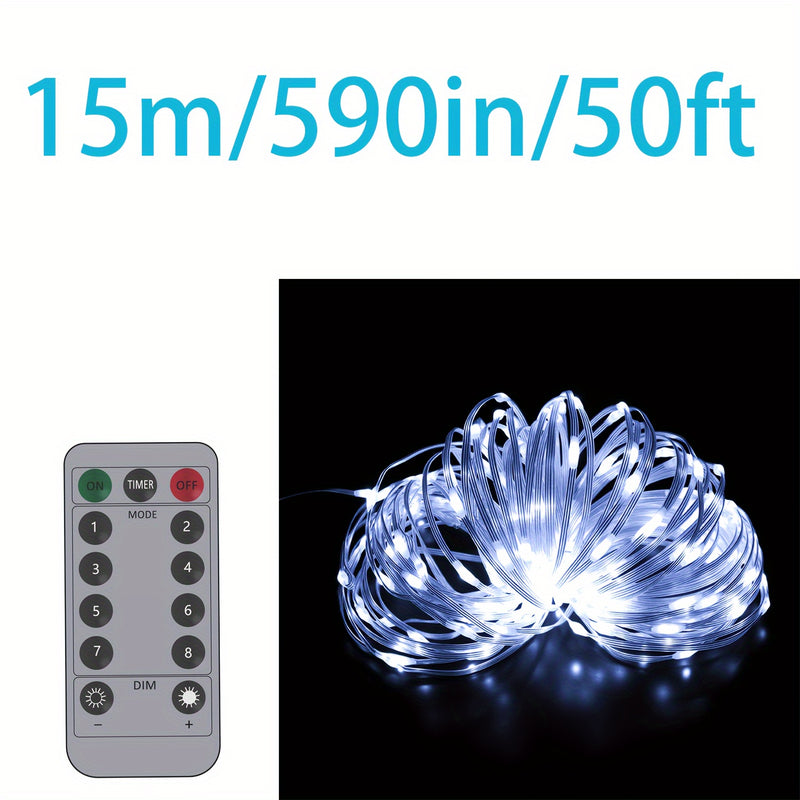 Luces de cadena de vacaciones impermeables blancas de 15.24/30.48/49.99 metros, alimentadas por USB con control remoto, velocidad de parpadeo ajustable, luces de Navidad impermeables IP67, adecuadas para Navidad, Día de San Valentín, decoración de ambien