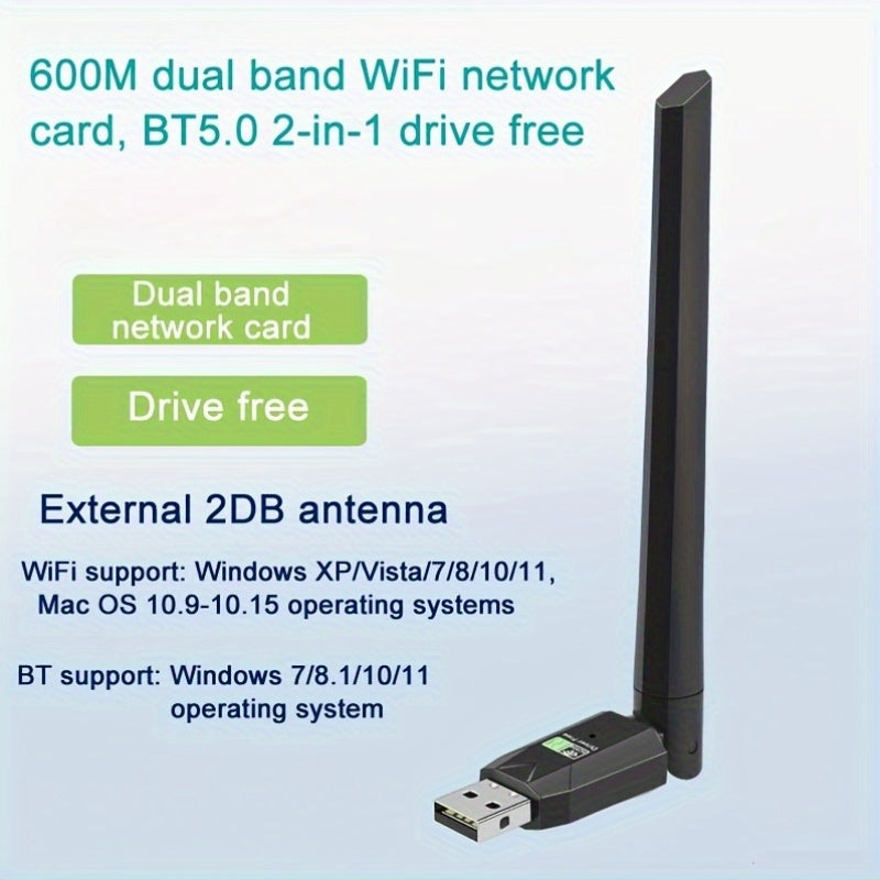 Adaptador de red inalámbrica WiFi de banda dual de 600Mhz USB, receptor externo de 2,4/5GHz para PC/Portátil/Escritorio, Plug-and-Play, Sin batería requerida, Adaptador WiFi para PC | Diseño USB elegante | Soporte de red de banda dual