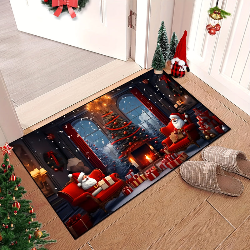 Tapete de puerta navideño de Papá Noel festivo - Tapete de poliéster lavable en máquina antideslizante con escena de chimenea acogedora para decoración navideña, perfecto para la entrada, tapete de decoración navideña | Diseño de chimenea acogedora | Tap
