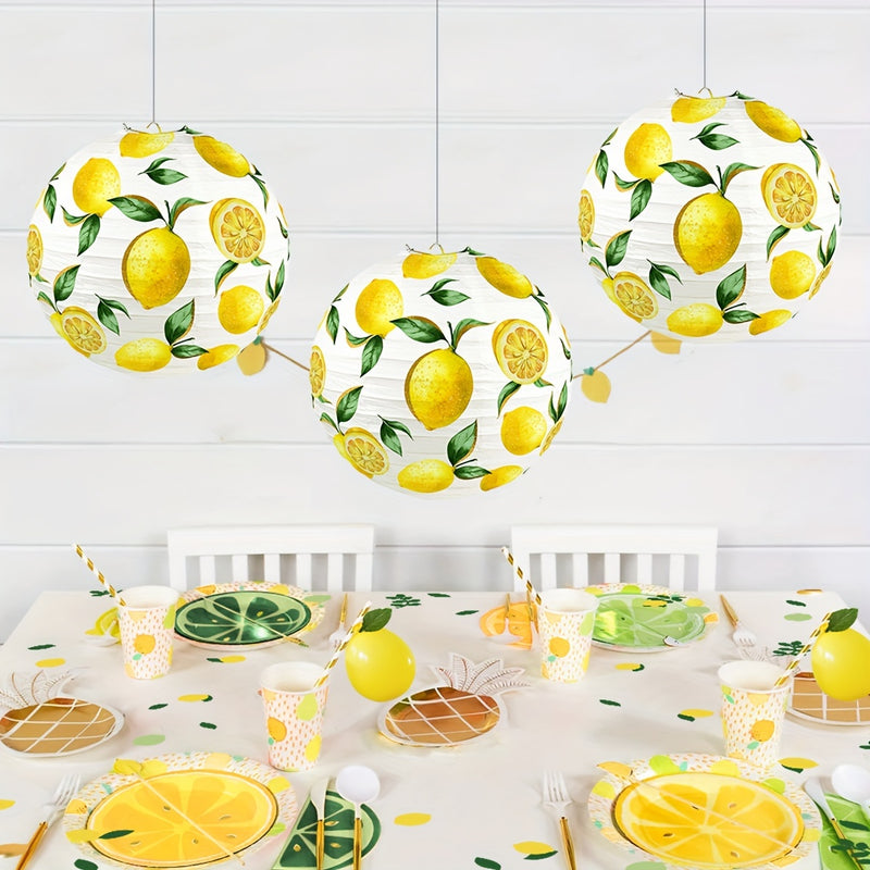 Faroles de papel con diseño de limón, juego de 3 - Faroles decorativos vibrantes con estampado de cítricos frescos - Decoración refrescante para eventos en el jardín, cocina y fiestas de invierno