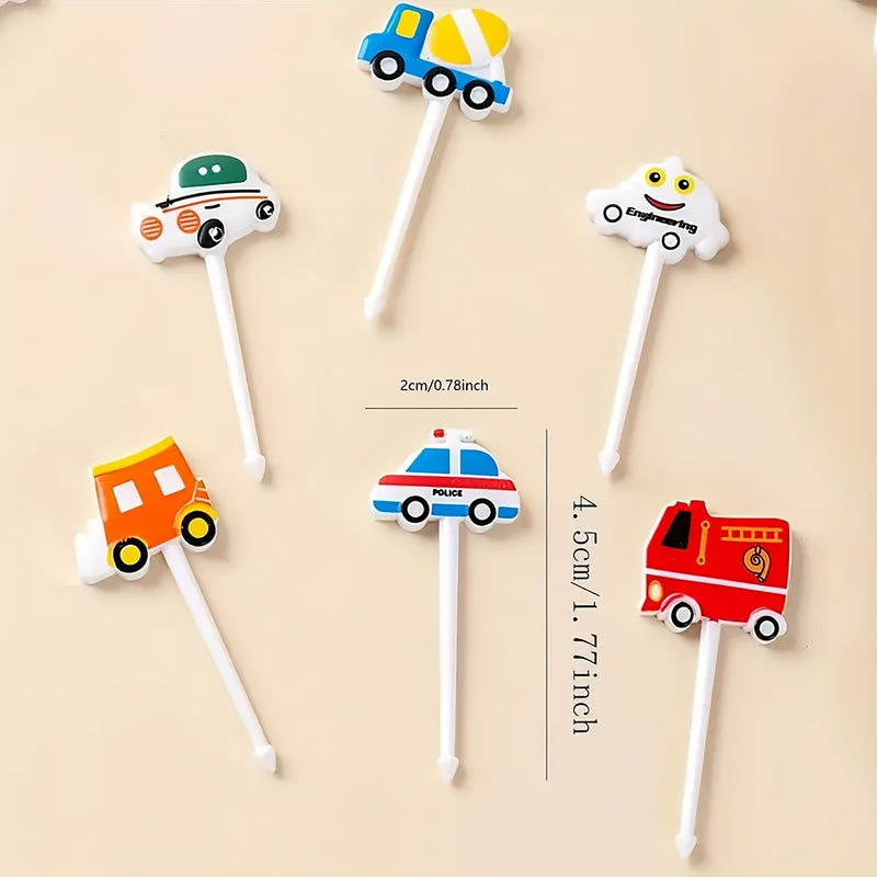 6 piezas de tenedores de postre de vehículos de dibujos animados, picas de frutas de plástico para pasteles, divertidos diseños de coches y camiones para aperitivos y snacks de fiesta