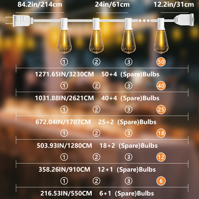 Luces de cuerda para exteriores, 32.31metro/26.21metro/17.07metro/12.8metro/9.14metro/5.49metro Luces de patio blancas con bombillas LED a prueba de roturas y ahorro de energía - Luces de exterior colgantes impermeables para jardín, porche, cubierta, jar