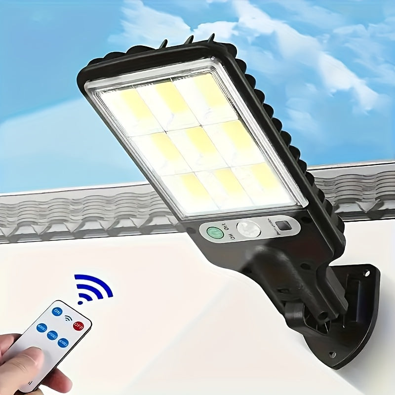 1 foco solar con control remoto, 90 LED COB, sensor de movimiento, montaje semiempotrado, material plástico, acabado pulido, plegable, accesorio desmontable, carga solar, batería de litio recargable, montaje en pared, incluye hardware de instalación