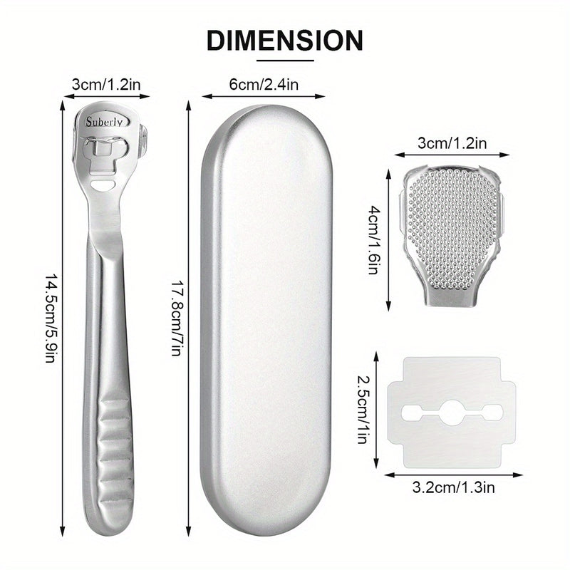 Un kit de afeitado de callos que incluye 20 cuchillas de repuesto, una navaja de callos y una lima para pies para el cuidado de los pies, todo empaquetado en una caja de metal. Es fácil de reemplazar y transportar, con bordes pulidos y mangos para comodi