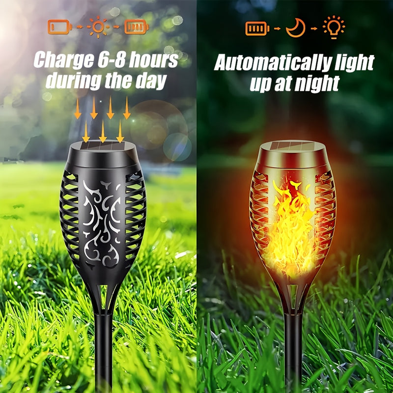 8 luces antorchas solares con efecto de llama parpadeante - Lámparas decorativas de llama simulada cálida para jardín, césped, camping y iluminación ambiental exterior, antorcha para jardín | Efecto de llama parpadeante | Cuerpo de plástico duradero, luc