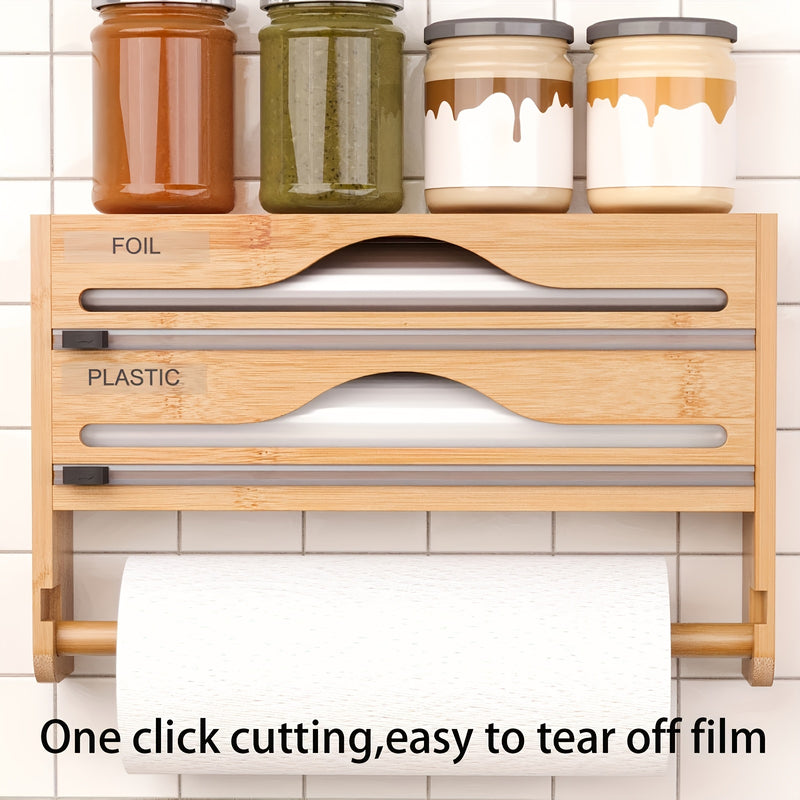 Organizador de cocina con cortador de papel film y soporte para papel - Solución de almacenamiento tres en uno: dispensador de papel encerado, rollos de papel encerado y aluminio - Ahorra espacio con portarrollo de plástico y dispensador de envoltura
