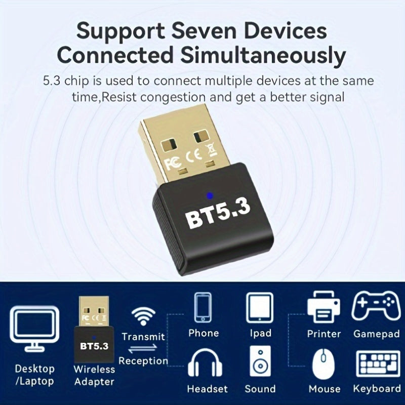 Adaptador inalámbrico USB 5.3 para PC, auriculares, teclado, ratón, altavoces - Plug and Play, compatible con Windows 11/10/8.1, compatible con versiones anteriores de 5.2/5.1/5.0/4.2/4.1/4.0, admite 7 dispositivos, no requiere batería.