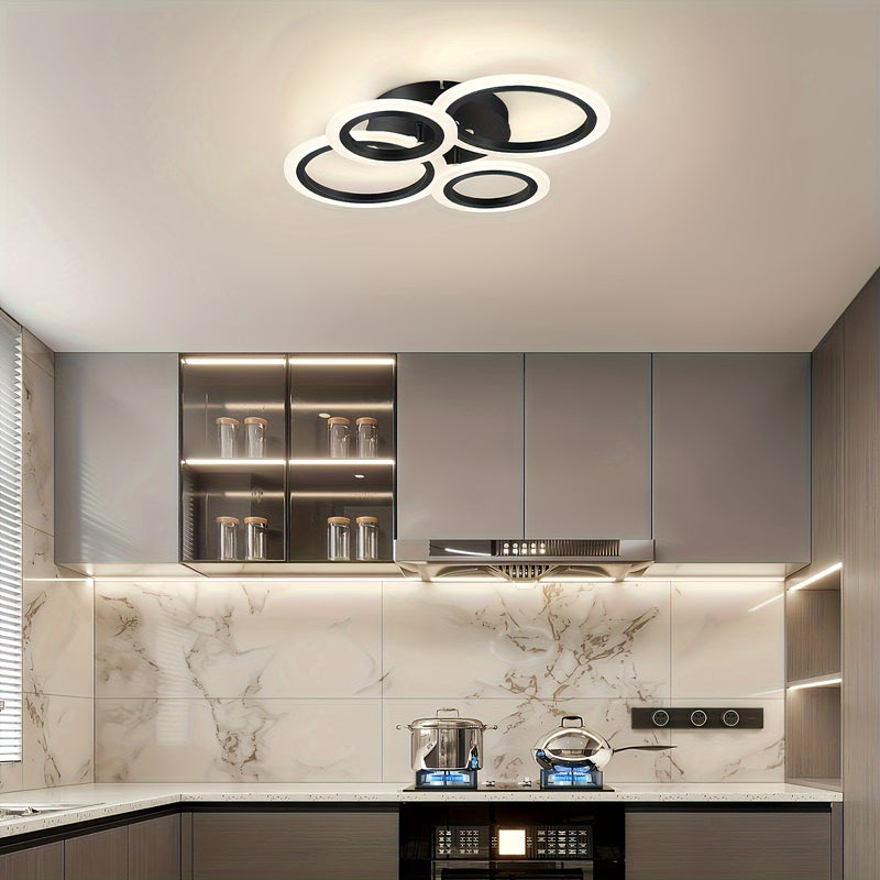 1 pza. lámpara de techo moderna con 4 anillos LED, luz cálida, acabado metálico, brazos ajustables, ideal para cocina, dormitorio, sala, lavandería, incluye hardware de instalación, solución de iluminación moderna, lámpara de techo elegante, luz con braz