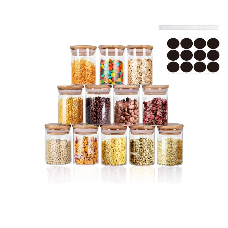 Juego de 12 Piezas con Tapa Selladora de Bambú y Etiqueta, Contenedores Grandes para Almacenamiento de Granos Comestibles Adecuados para Cocina Doméstica, Té, Café, Harina y Cereales