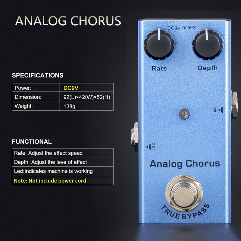 Efecto de coro de guitarra analógico, pedal de aluminio, conmutación de verdadero bypass, alimentado por USB, DC 9V, con cable de aumento de 5V a 9V USB, control de botón, azul claro para guitarra