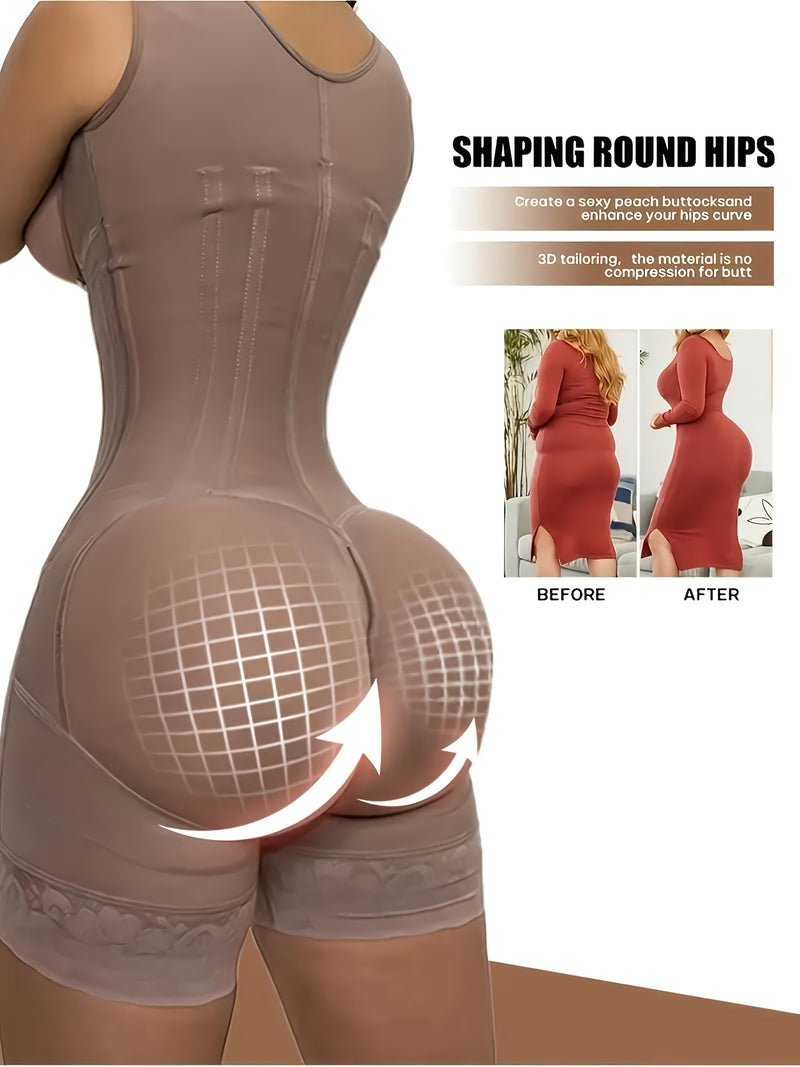 1pc Body Shaper de Cintura Alta con Detalles de Encaje, Cierre de Cremallera, Levanta Glúteos y Soporte para Senos - Elegante Mezcla de Nylon/Elastano, Ropa Interior Controladora de Abdomen