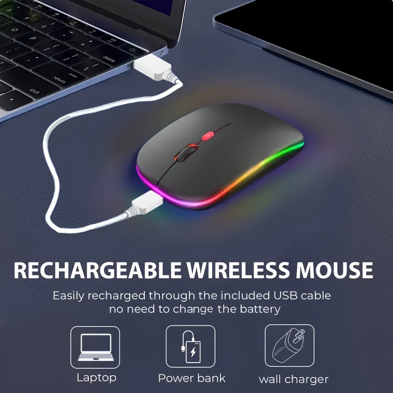 Ratón inalámbrico portátil silencioso para oficina, compatible con teléfono, tableta, laptop y computadora, recargable, modo dual 2.4G, diseño ergonómico, ultra delgado con luz RGB, interfaz de carga tipo C, 4 botones, compatible con múltiples sistemas