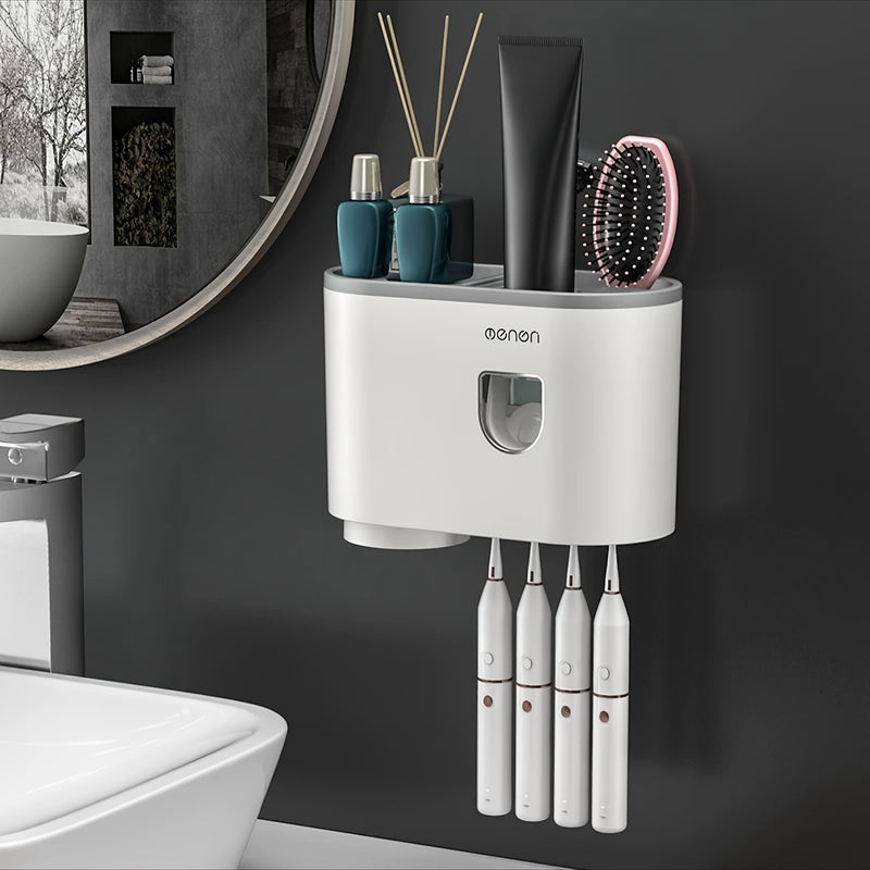 Juego de portacepillos de pared fácil de instalar con dispensadores automáticos de pasta dental, tazas magnéticas y ganchos - No requiere perforación